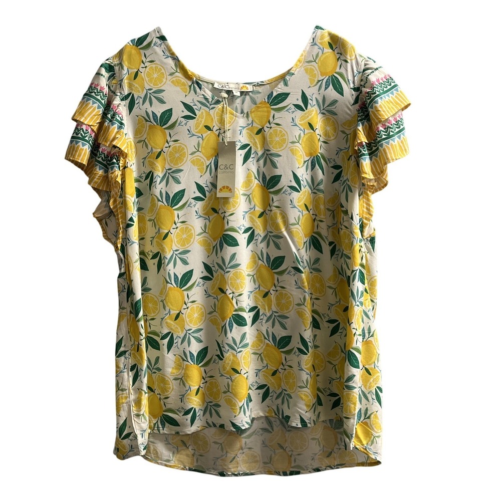 C & C California Top Yellow Lemon Fruit Print Tunic Size 1X Flutter Sleeve